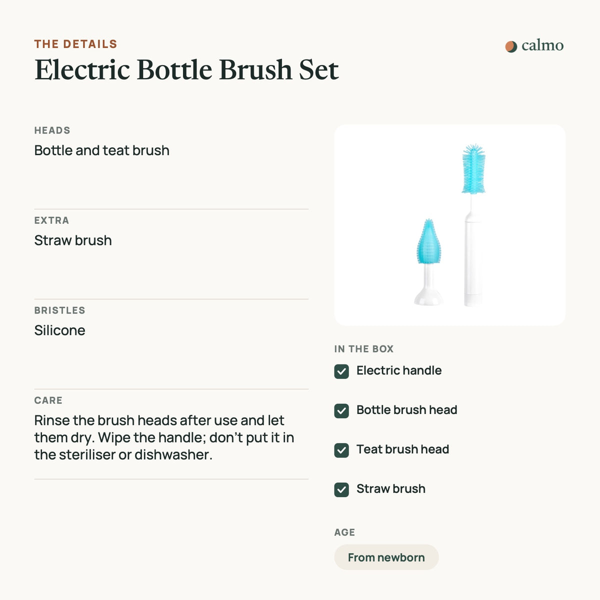 Electric Bottle Brush Set: sizes, materials, care and what’s in the box