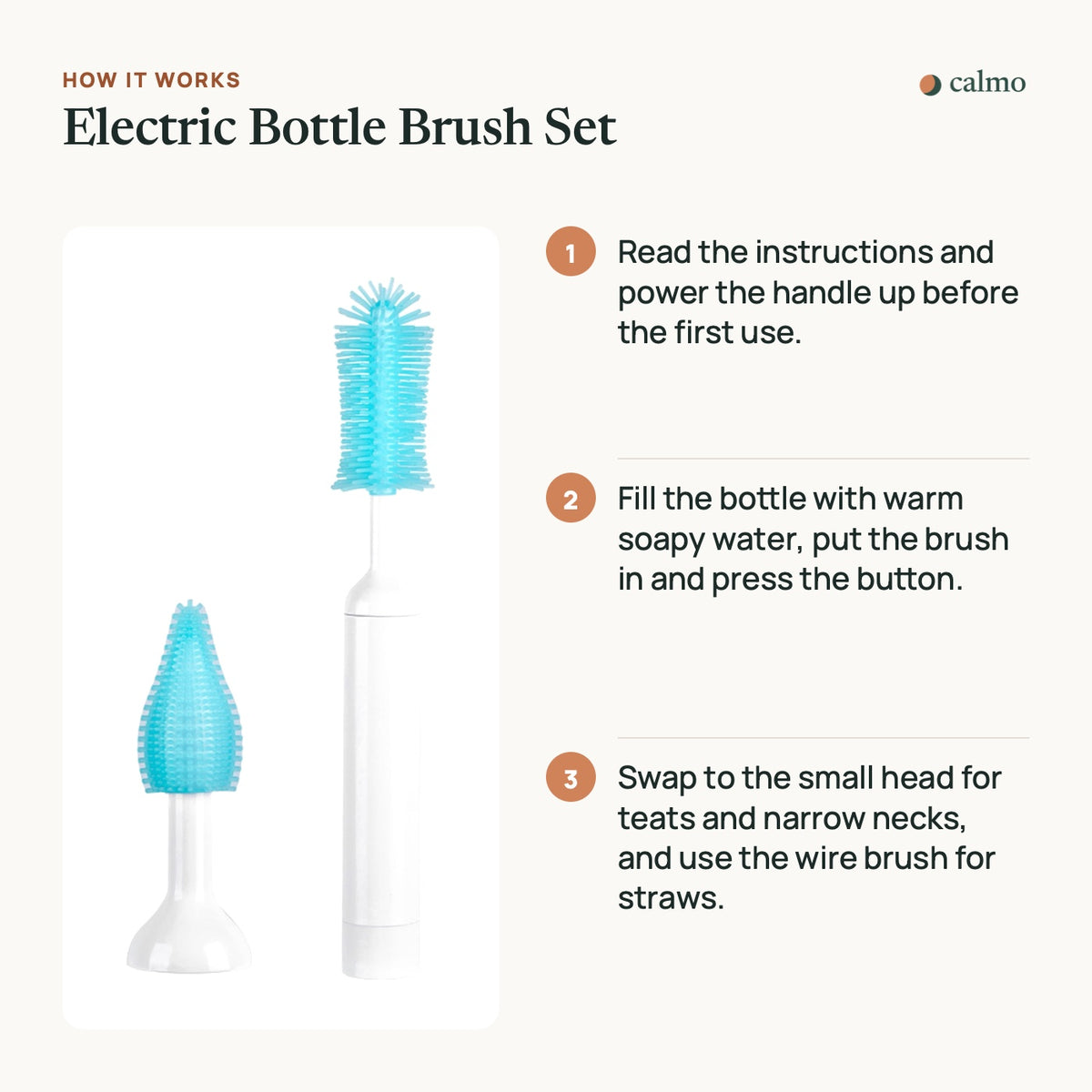 How the Electric Bottle Brush Set works, in three steps