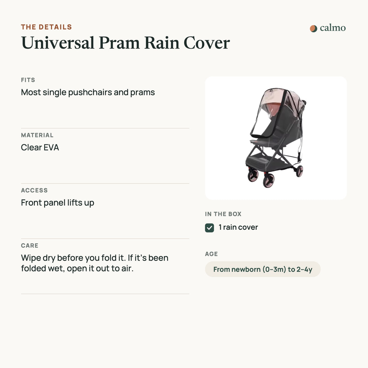 Universal Pram Rain Cover: sizes, materials, care and what’s in the box