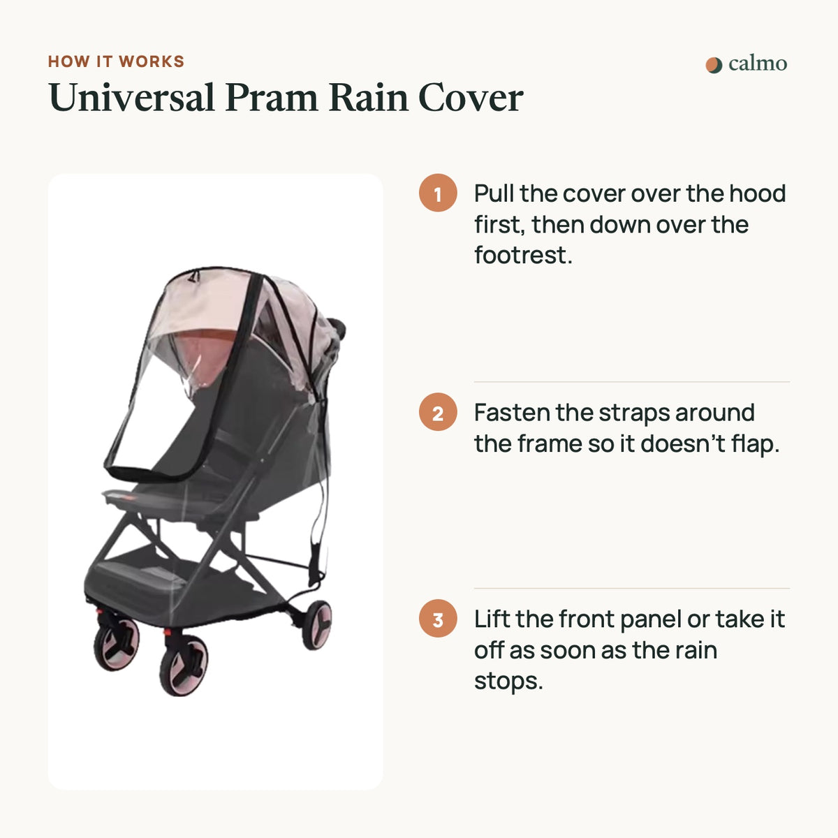 How the Universal Pram Rain Cover works, in three steps