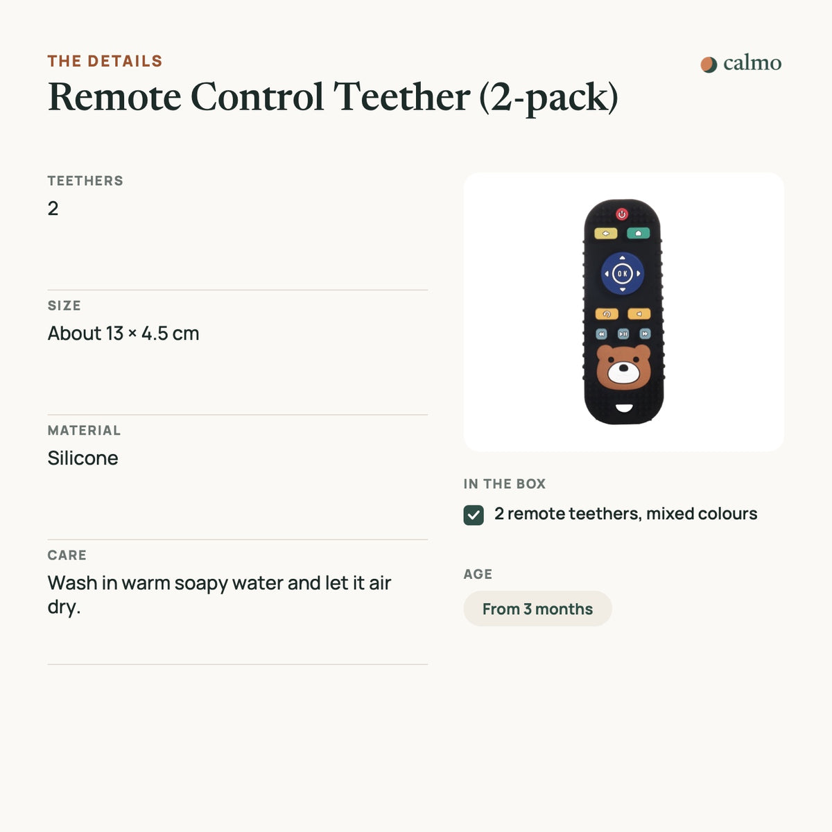 Remote Control Teether (2-pack): sizes, materials, care and what’s in the box