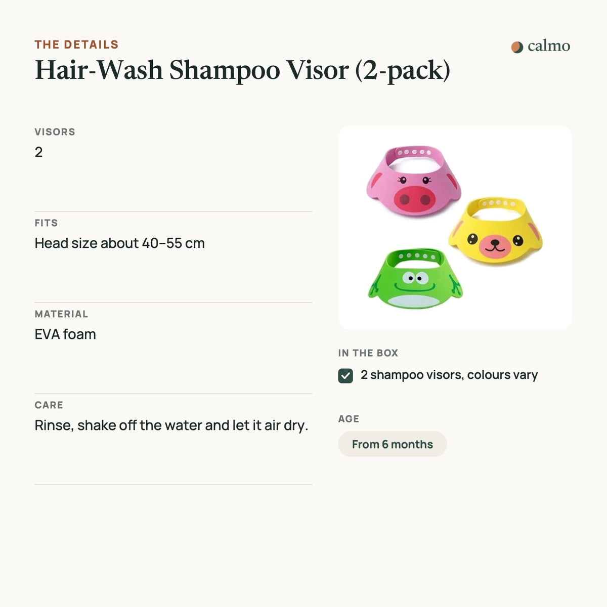 Hair-Wash Shampoo Visor (2-pack): sizes, materials, care and what’s in the box