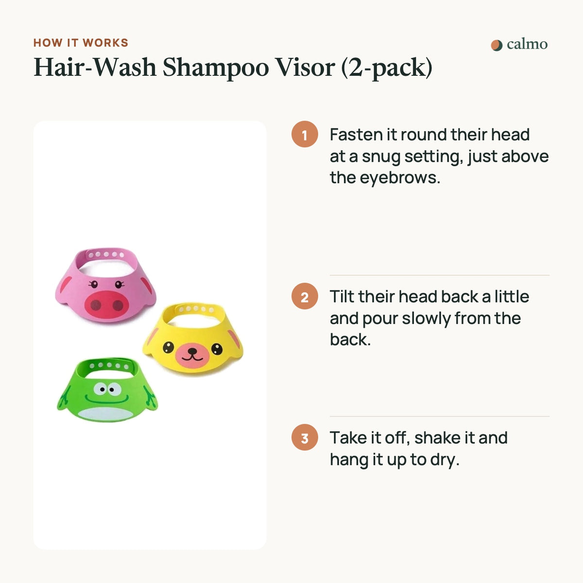 How the Hair-Wash Shampoo Visor (2-pack) works, in three steps