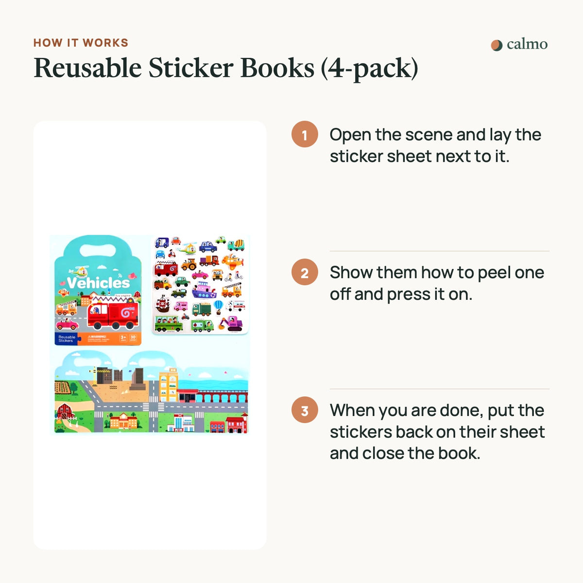 How the Reusable Sticker Books (4-pack) works, in three steps