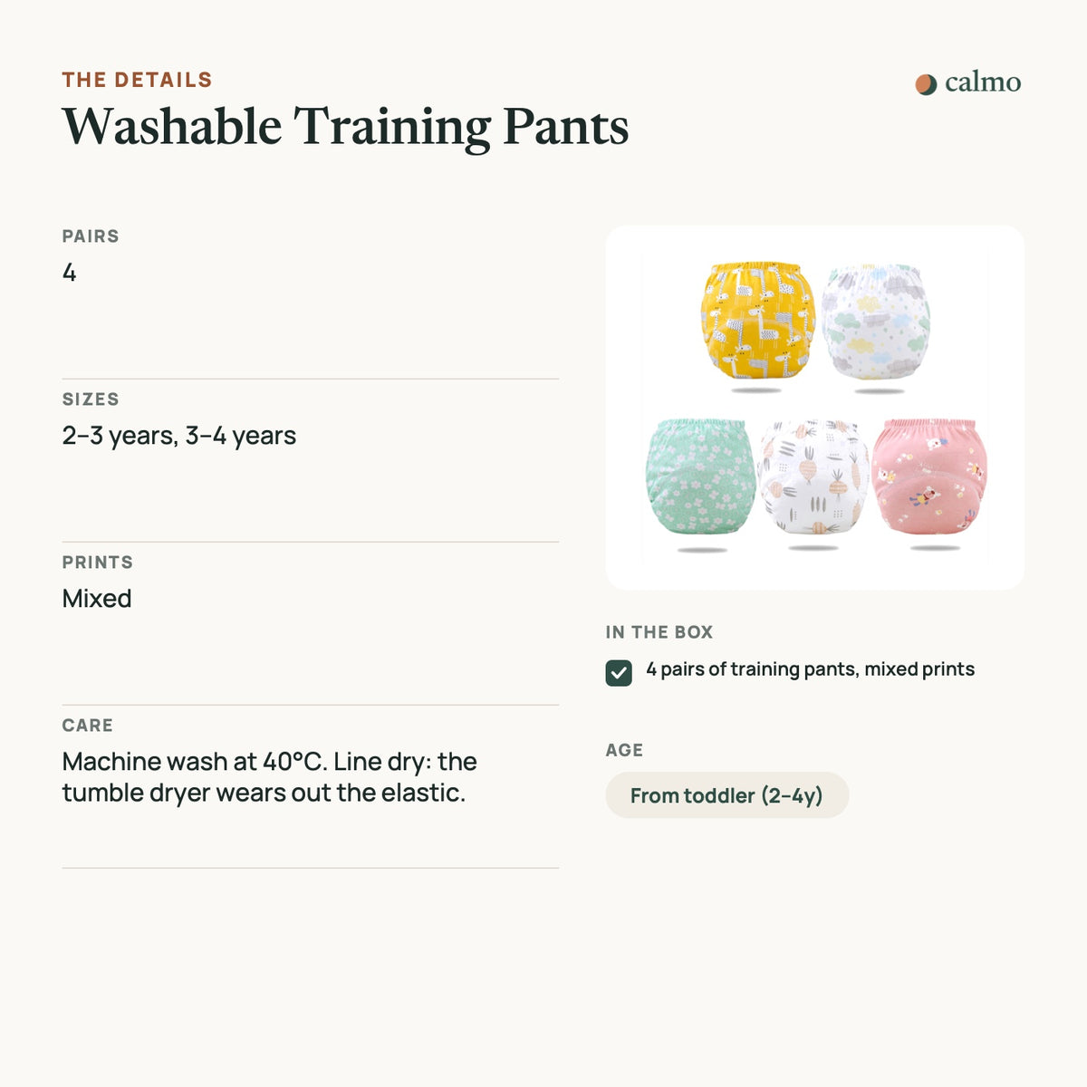 Washable Training Pants: sizes, materials, care and what’s in the box