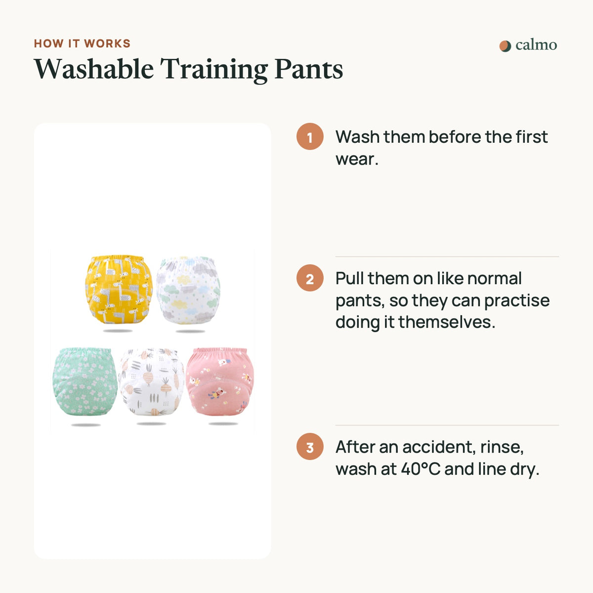 How the Washable Training Pants works, in three steps