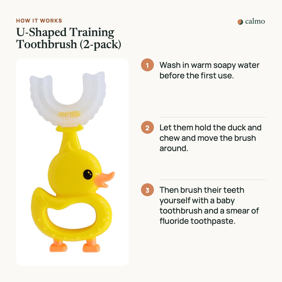 How the U-Shaped Training Toothbrush (2-pack) works, in three steps