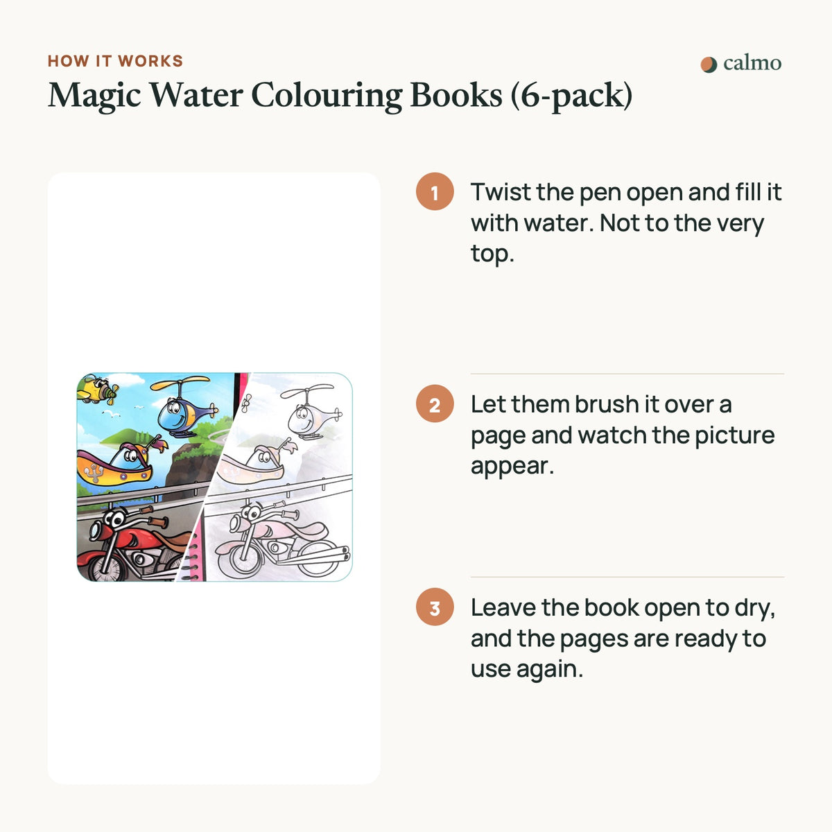 How the Magic Water Colouring Books (6-pack) works, in three steps